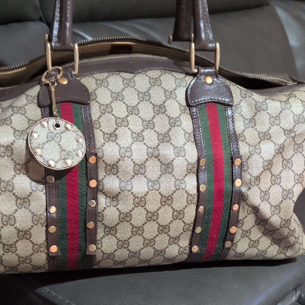 Gucci Beige GG Canvas Travel Bag with Brown Leather and Green-Red Web - Picture 15 of 15
